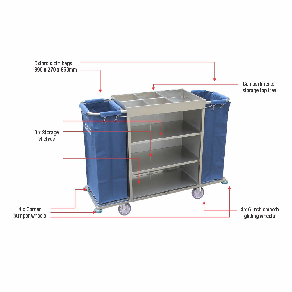 Cleaning cart with compartments and storage shelves, labeled with dimensions and features.