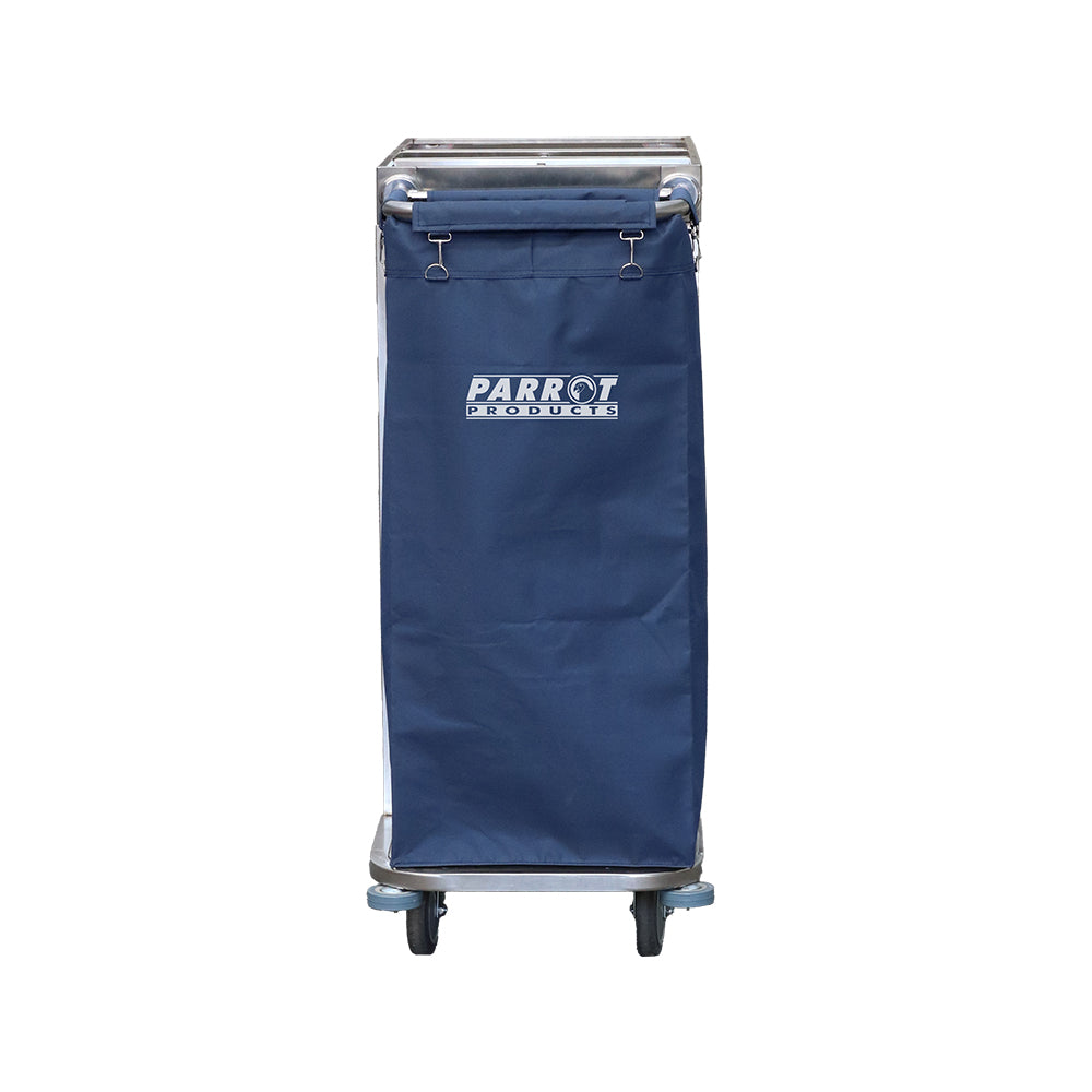 Blue rolling cart with a clear top section on a white background, featuring the Parrot Products logo.
