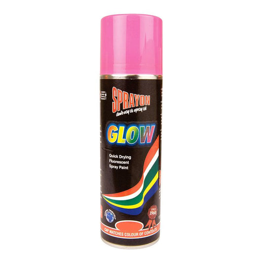 Spray can of Sprayon Glow spray paint with pink top on a white background