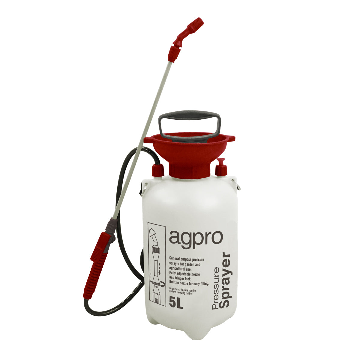White and red pressure sprayer with 'agpro' branding on a white background