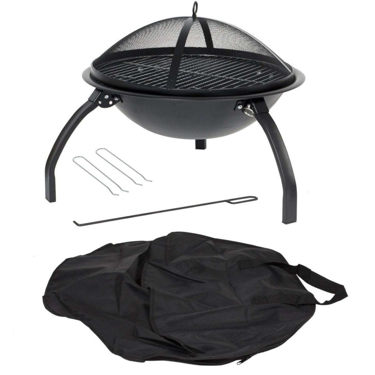 Black portable firepit and grill with accessories on a white background
