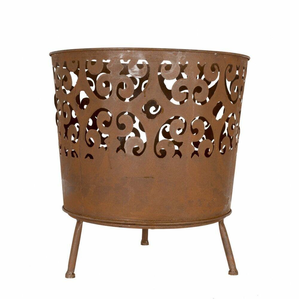 La Hacienda Cesta Oxidised Steel Fire Basket with intricate cut-out design on a white background