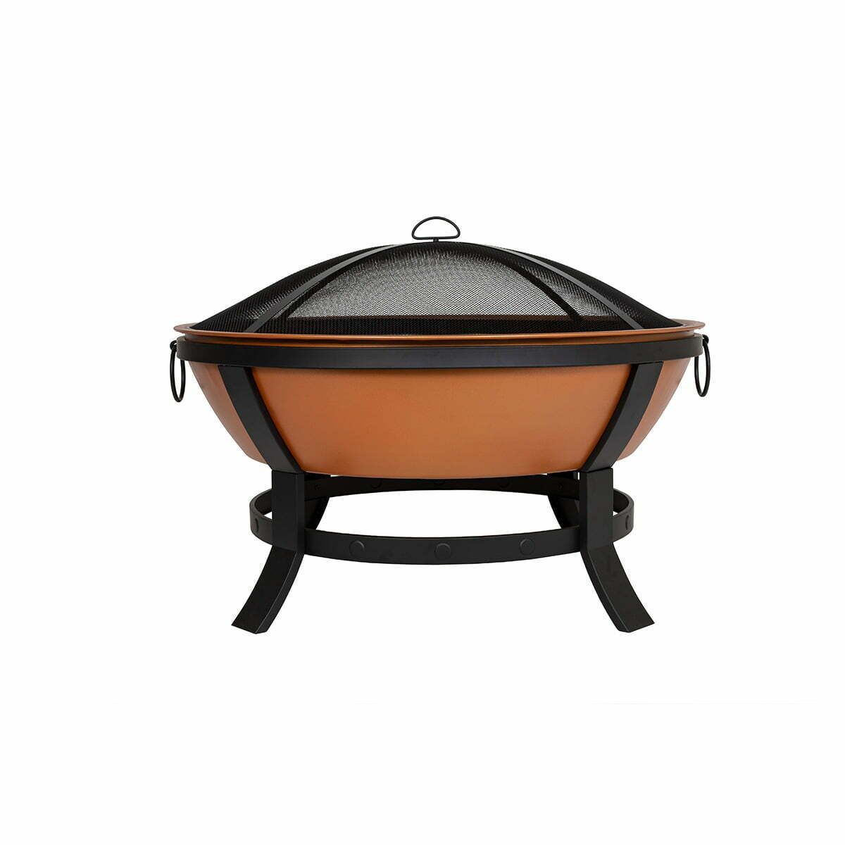 Copper fire pit with black metal stand on a white background