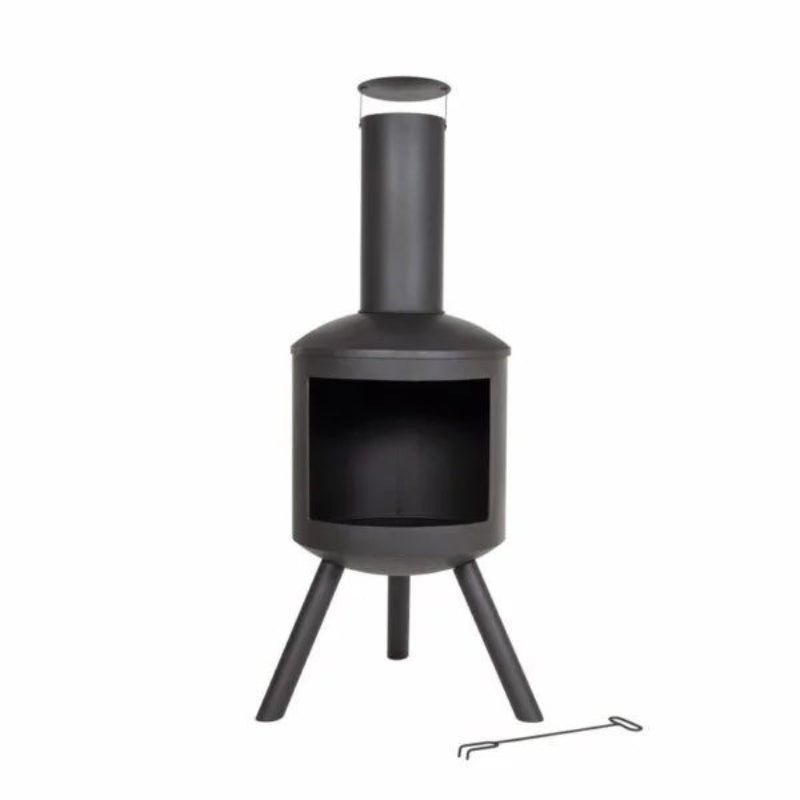 Black metal chiminea with tripod base on a white background