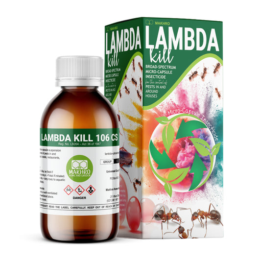 Bottle and packaging of Lambda Kill pest killer on a white background