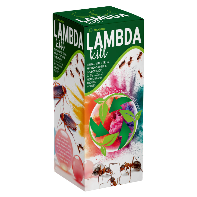 Box of Lambda Kill insecticide with images of insects and a colorful design on a white background