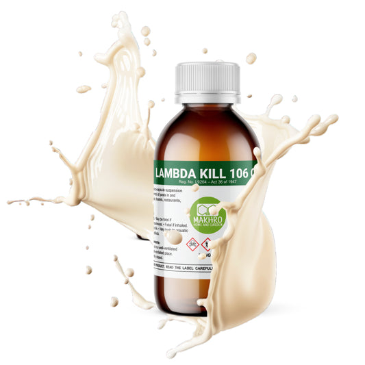 Bottle of Lambda Kill 106 with a splash effect on a white background