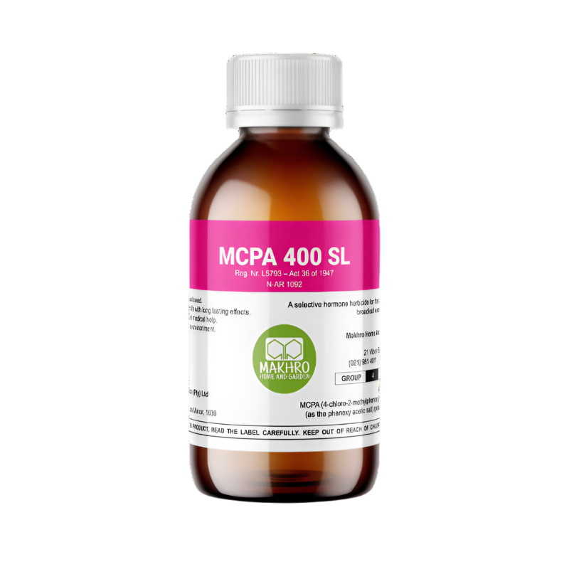 A bottle of MCPA 400 SL herbicide with a label that includes the brand name Makhro and information about the product being a selective broadleaf herbicide.