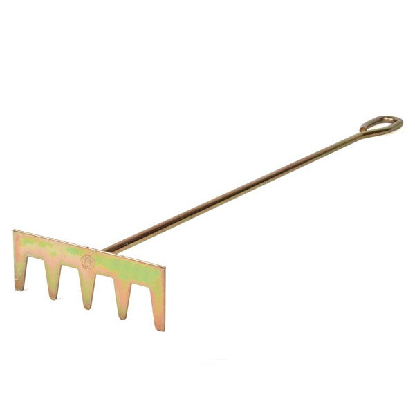 A bronze-colored metal braai rake with a long handle and a triangular rake head.