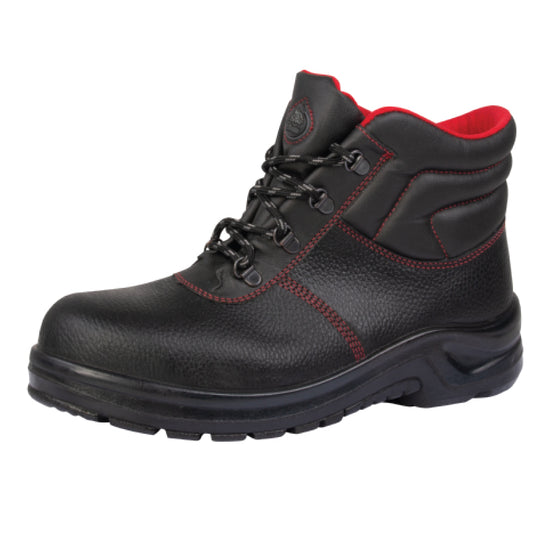 A black and red Bata Industrial safety boot with a steel toecap and a rubber sole.