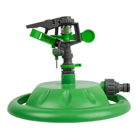A green Kaufmann impulse sprinkler with adjustable spray head, set against a white background.