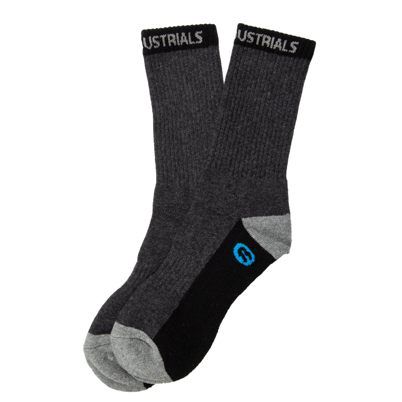 A pair of charcoal gray Bata Industrial work socks with branding on the cuff.