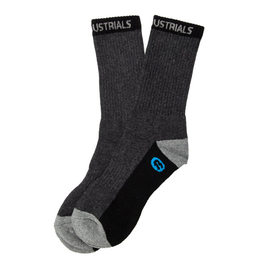 A pair of charcoal gray Bata Industrial work socks with branding on the cuff.