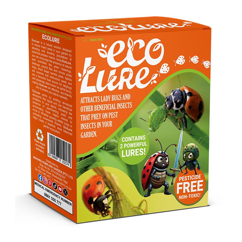 Packaging of EcoLure, showing the product name and illustrations of beneficial insects like ladybugs and lacewings on a green background.