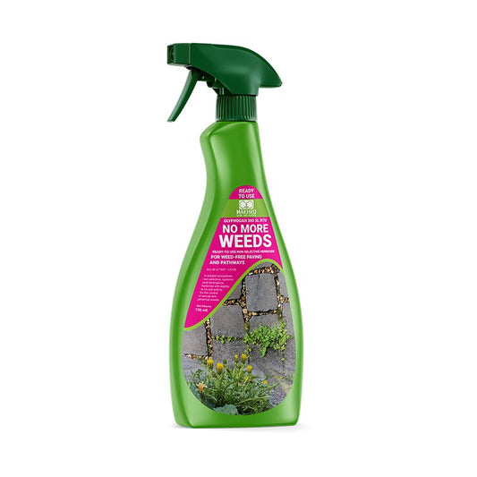 Green spray bottle labeled 'No More Weeds' on a white background