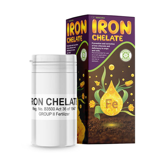 IRON CHELATE fertilizer container and packaging on a white background