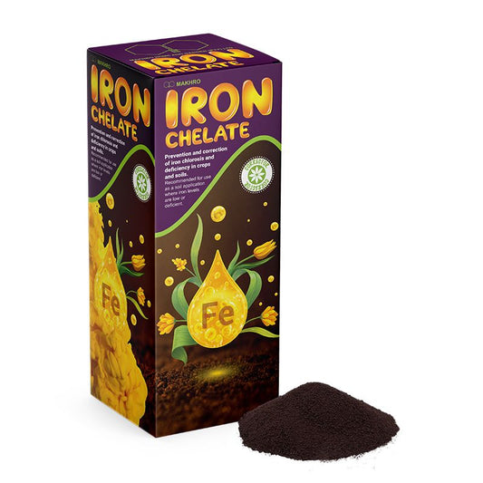 Box of Iron Chelate fertilizer with a small amount of black powder on a white background