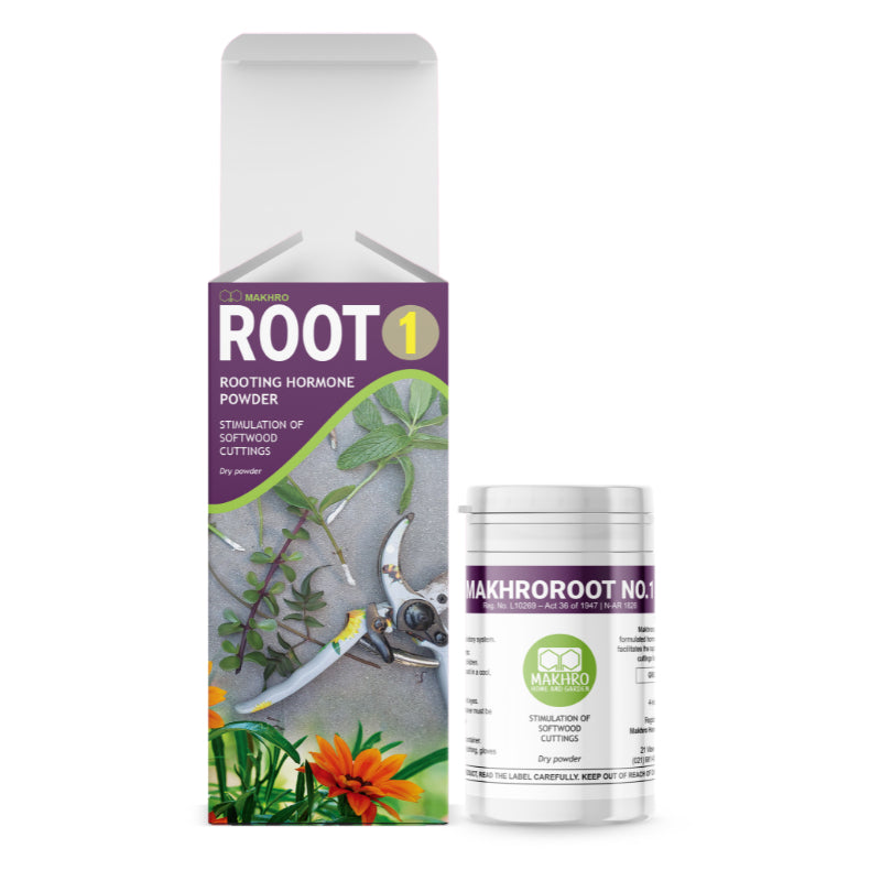 Rooting hormone powder packaging with tools and plants on a white background