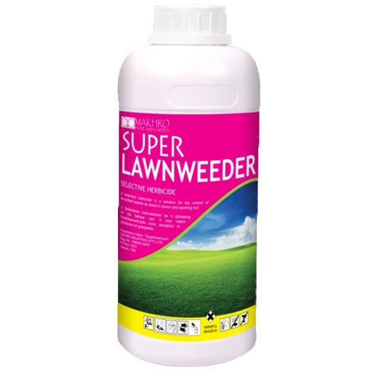 Super Lawnweeder bottle with pink label on a white background