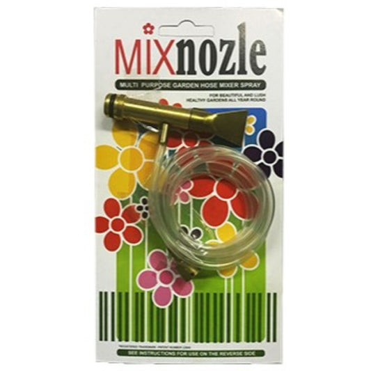 Packaged garden hose mixer nozzle with colorful floral design on the packaging.