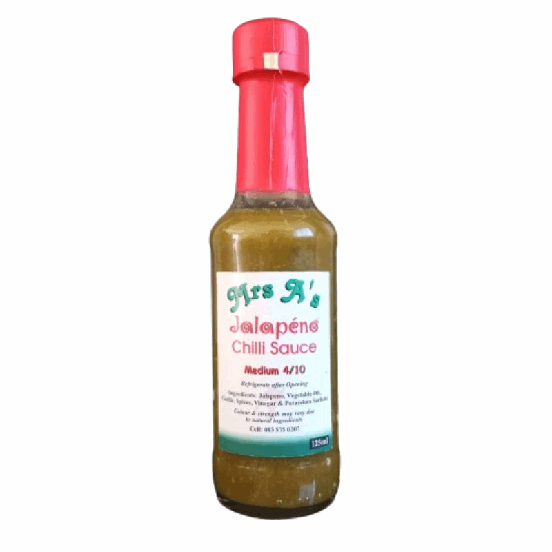 A bottle of Mrs A Chilli Company Jalapeño Sauce with a red cap on a white background.