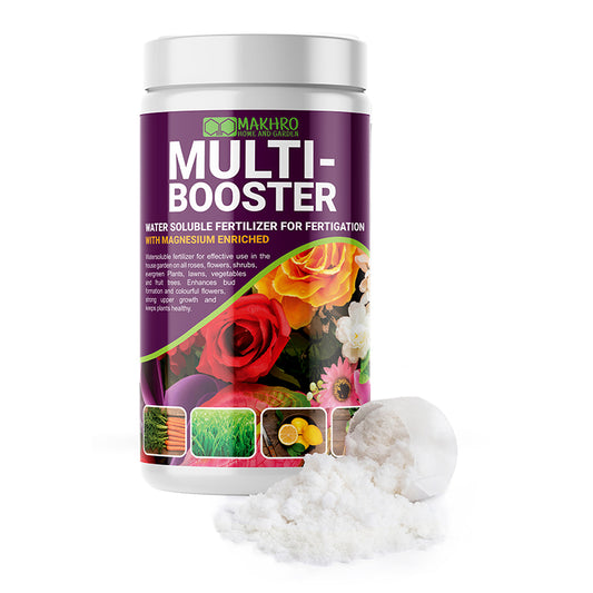Makhro Multi-Booster fertilizer container with flowers on a white background