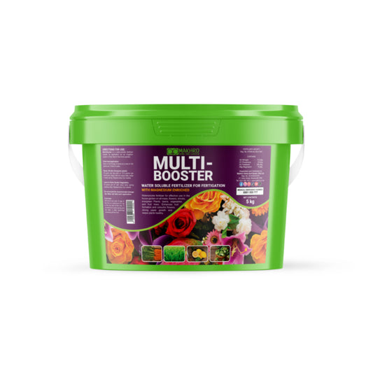 Green container of Multi-Booster fertilizer with colorful label on a white background