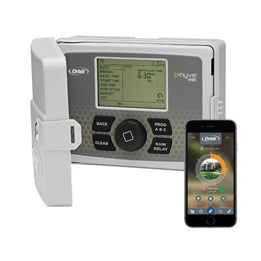 Orbit B-Hyve Smart Indoor/Outdoor Smart Sprinkler Controller with a large LCD screen and a smartphone showing the companion app.