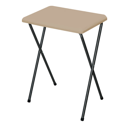 Small square table with beige top and black metal legs on a white background