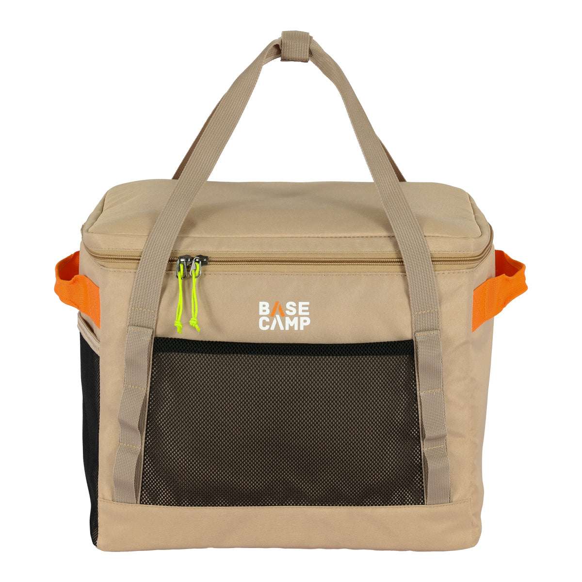 Beige cooler bag with orange handles and base camp logo on a white background