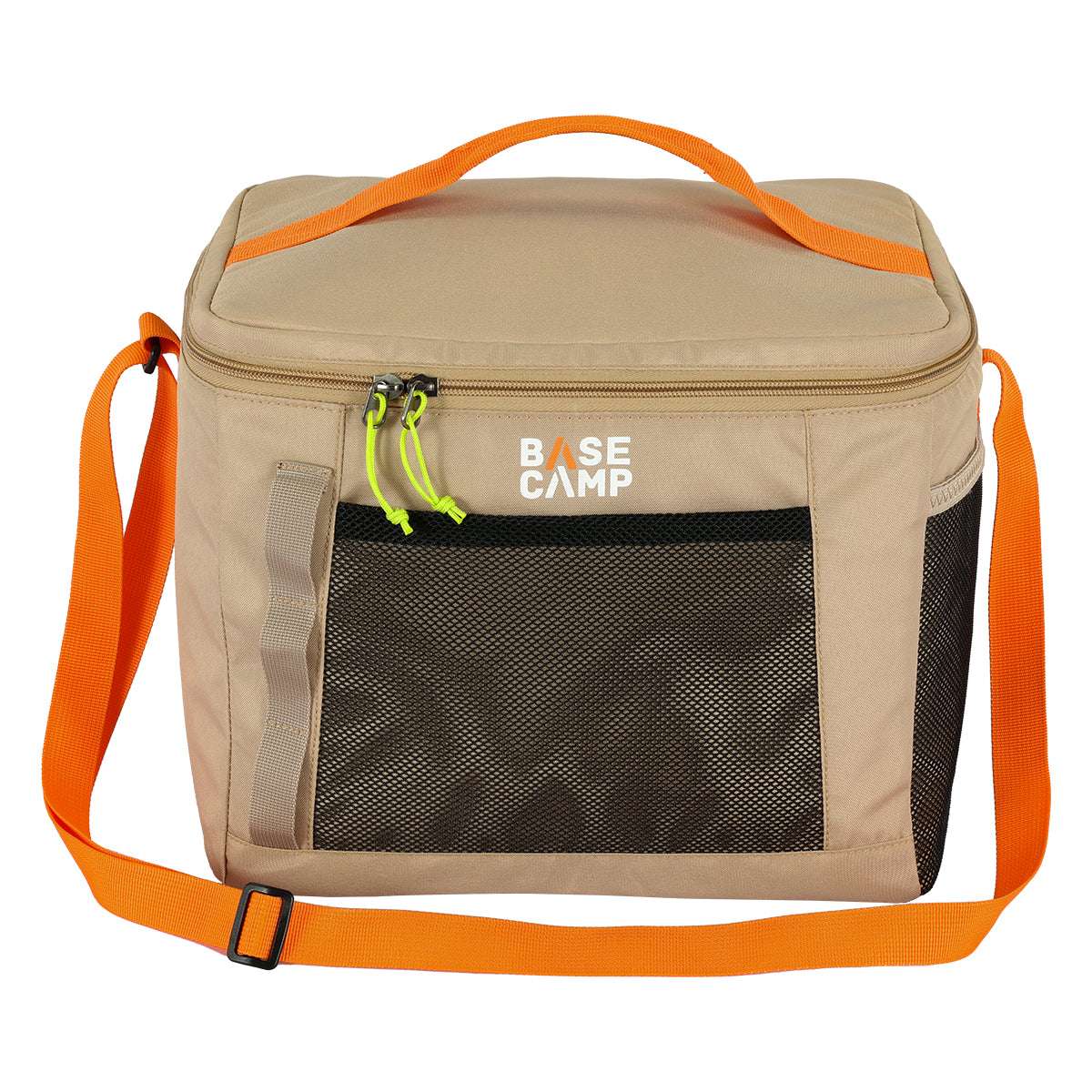 Beige cooler bag with orange straps and 'Base Camp' branding on a white background