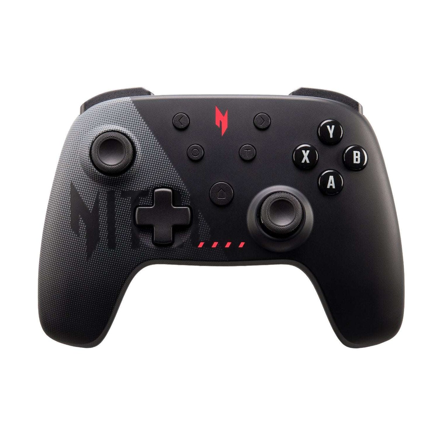Black gaming controller with red accents on a white background