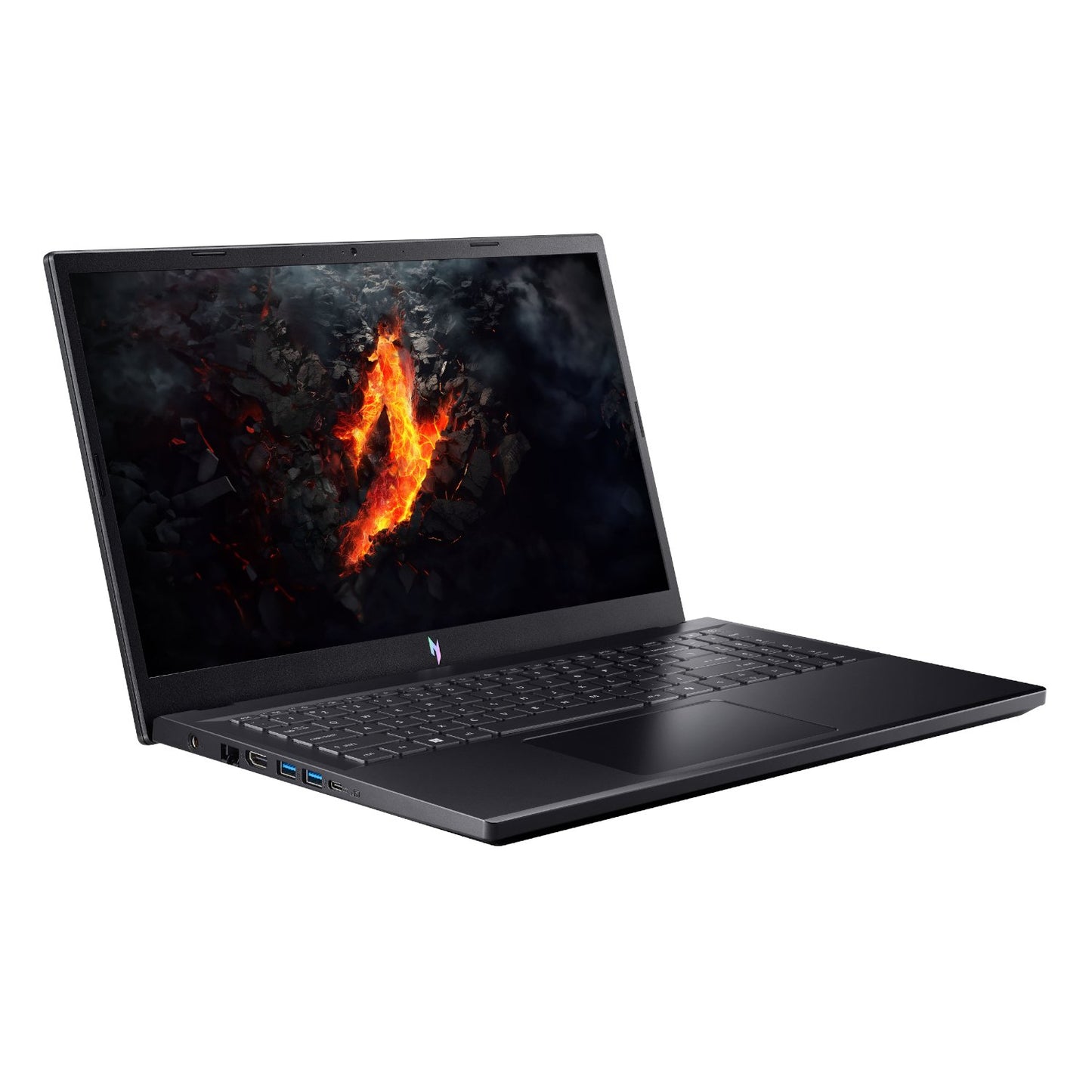 Black laptop with fiery design on screen against a white background