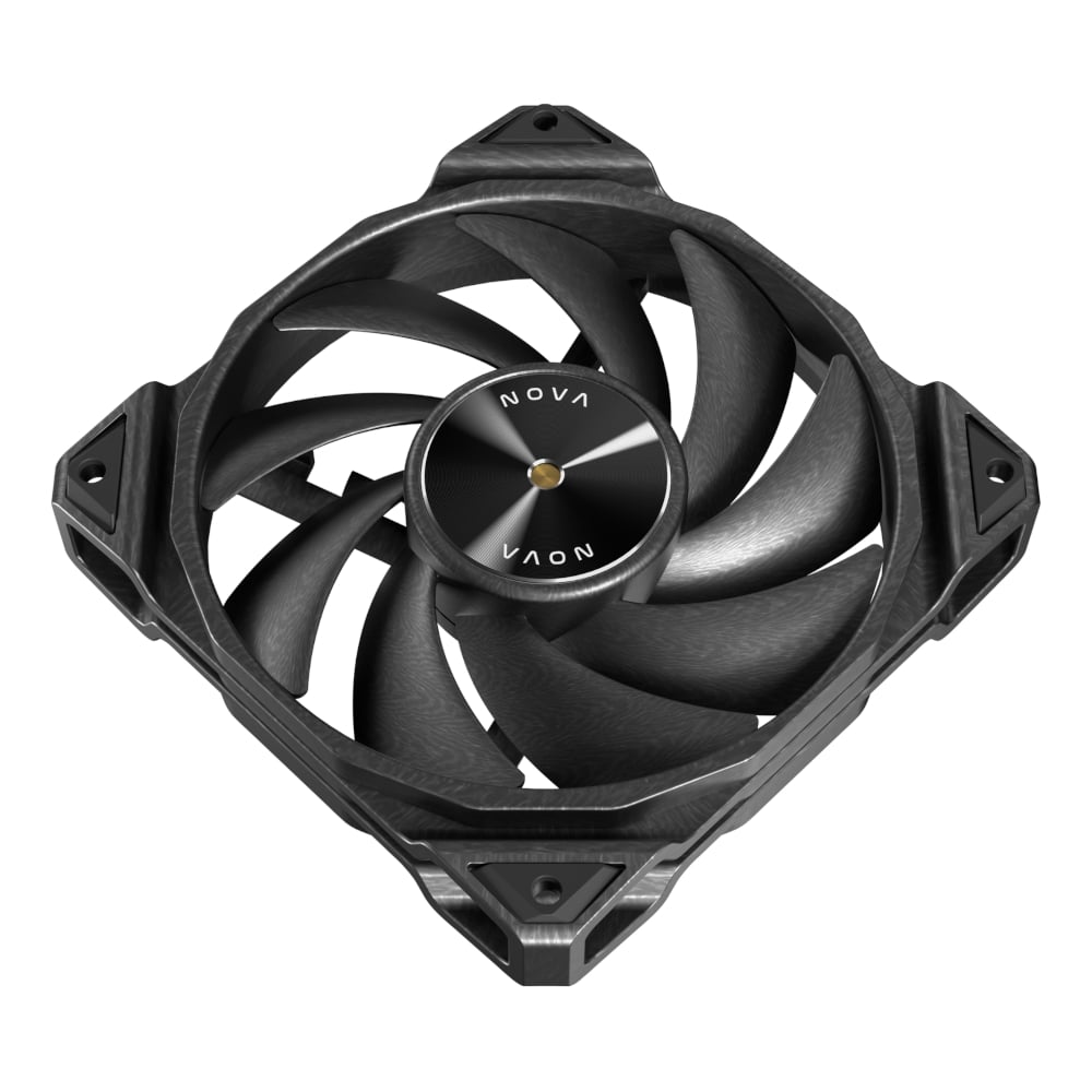 Black computer fan with 'NOVA' branding on a white background