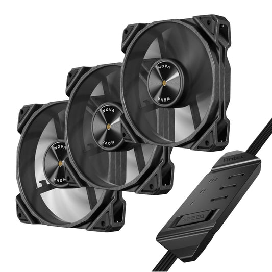 Three black NOVA cooling fans with a switch on a white background