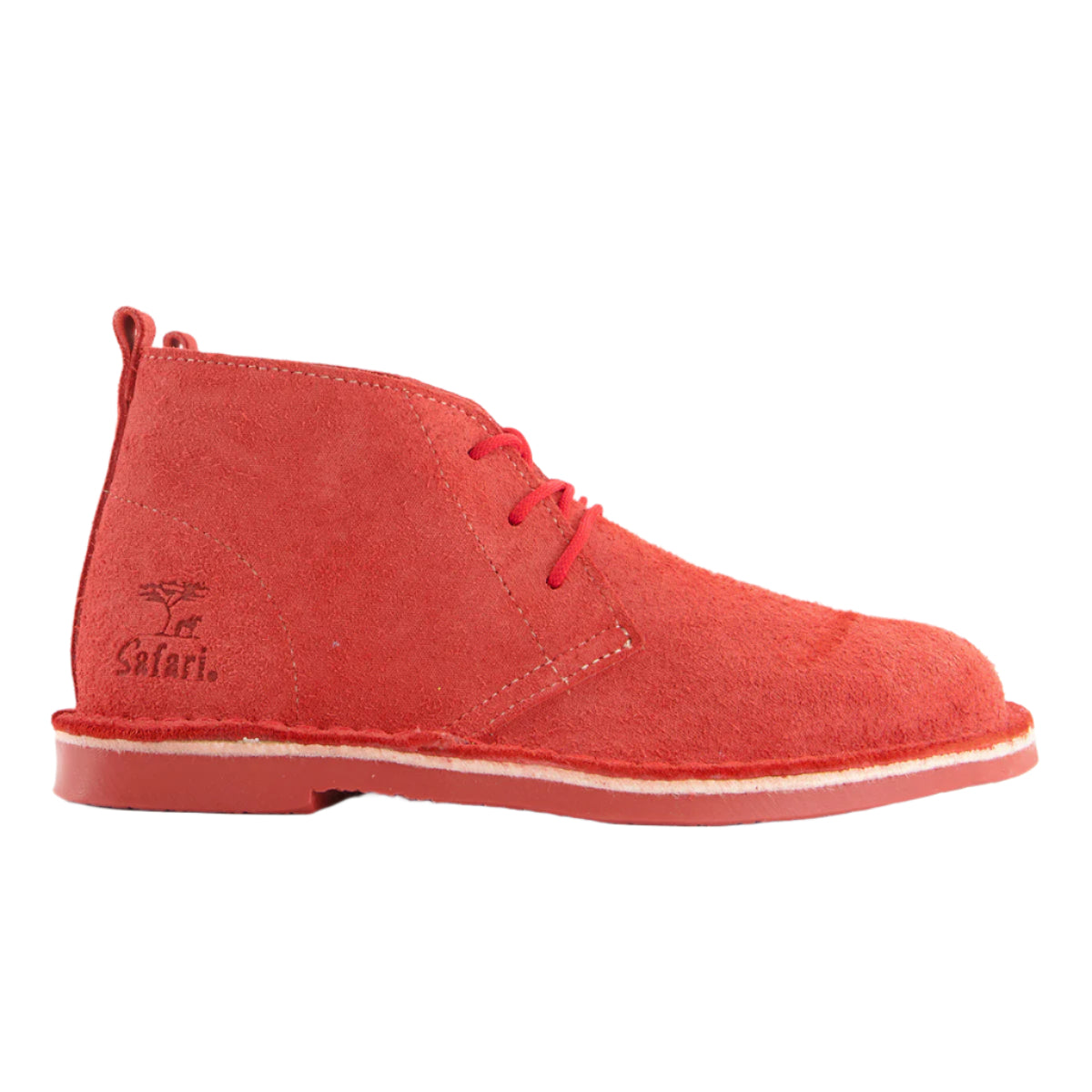 Red suede shoe with 'Safari' branding on a white background