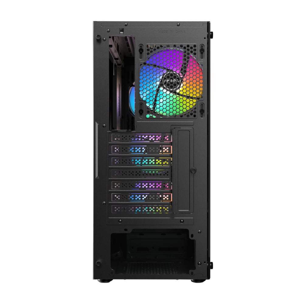 Computer case with RGB lighting on a white background