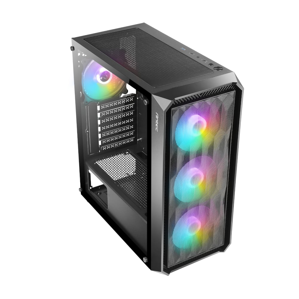 Computer case with RGB lighting on a white background