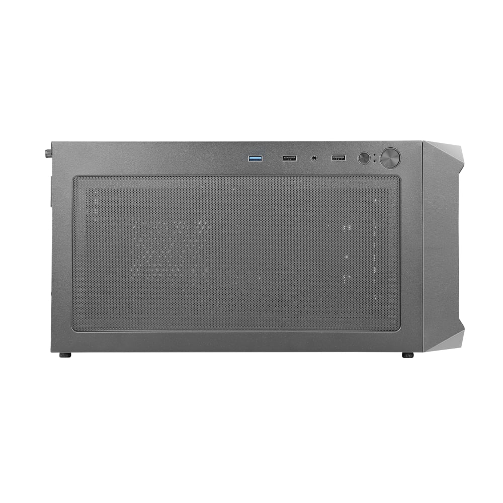 Gray computer case with front panel and ports on a white background
