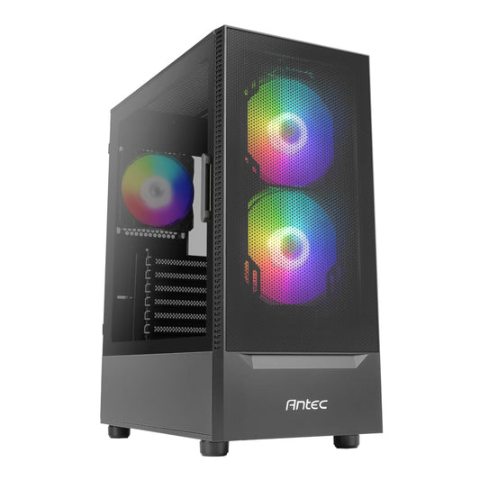 Antec NX410 V2 ATX ARGB Mid-Tower Gaming Chassis with a tempered glass side panel and RGB fans visible