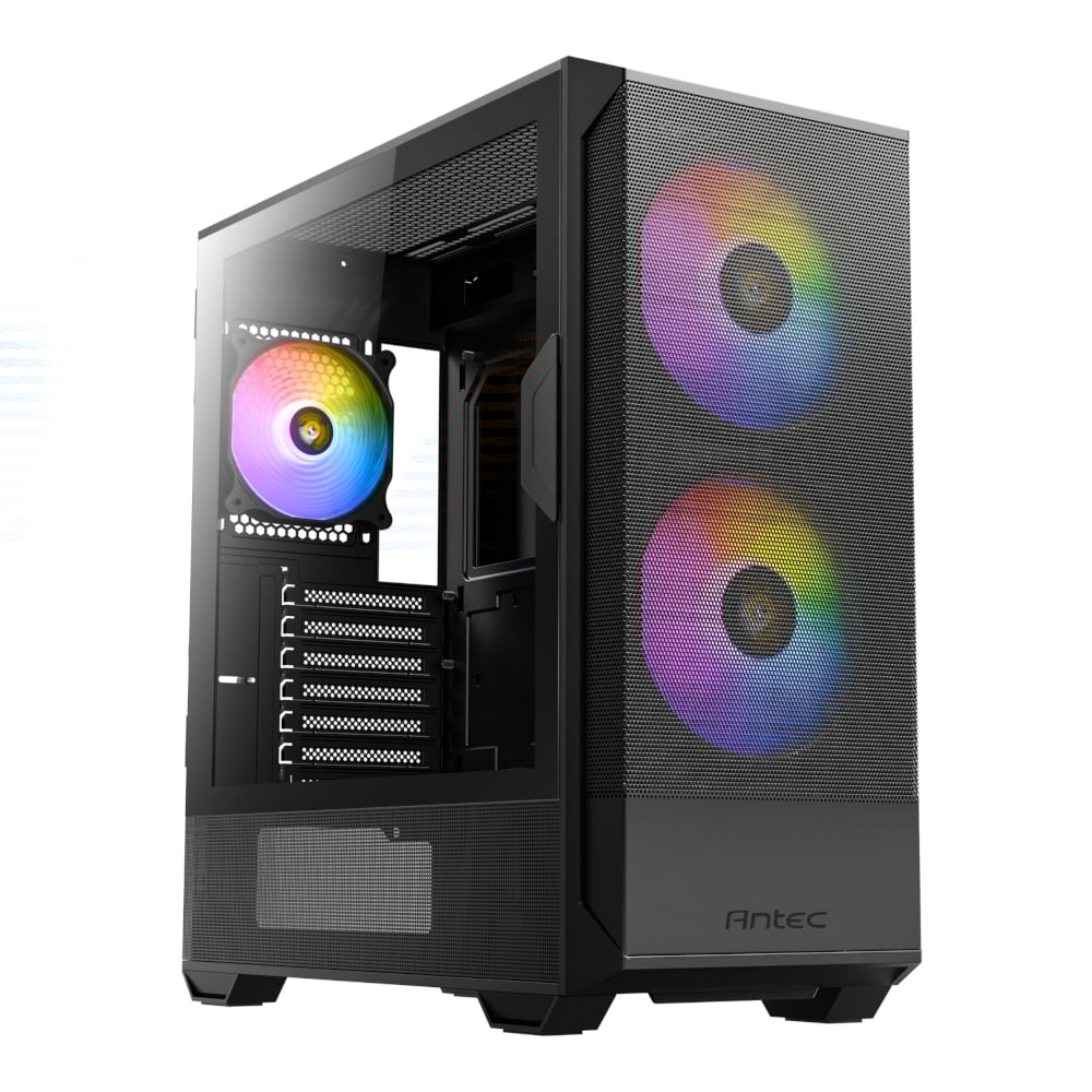Antec NX416L ATX/Micro-ATX/ITX ARGB Mid-Tower Gaming Chassis with mesh design, ARGB fans, and a swing-opening tempered glass side panel.