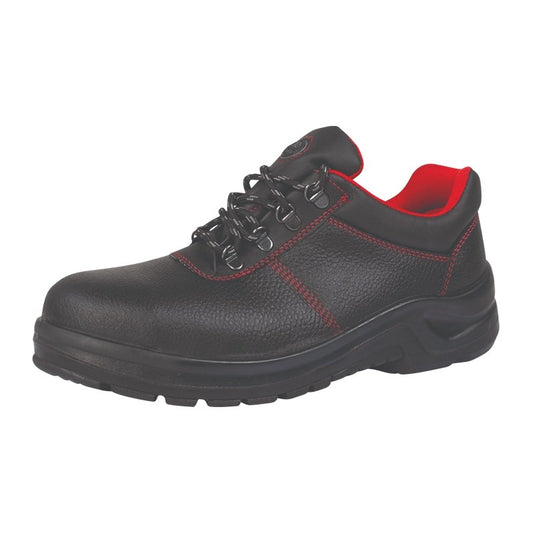 A single black safety shoe with red accents and a lace-up closure.