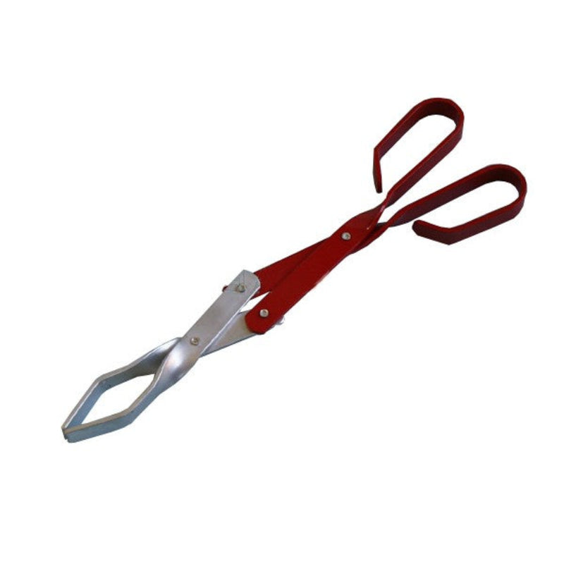 A pair of red aluminium braai tongs with a metallic locking mechanism and a hanging loop.