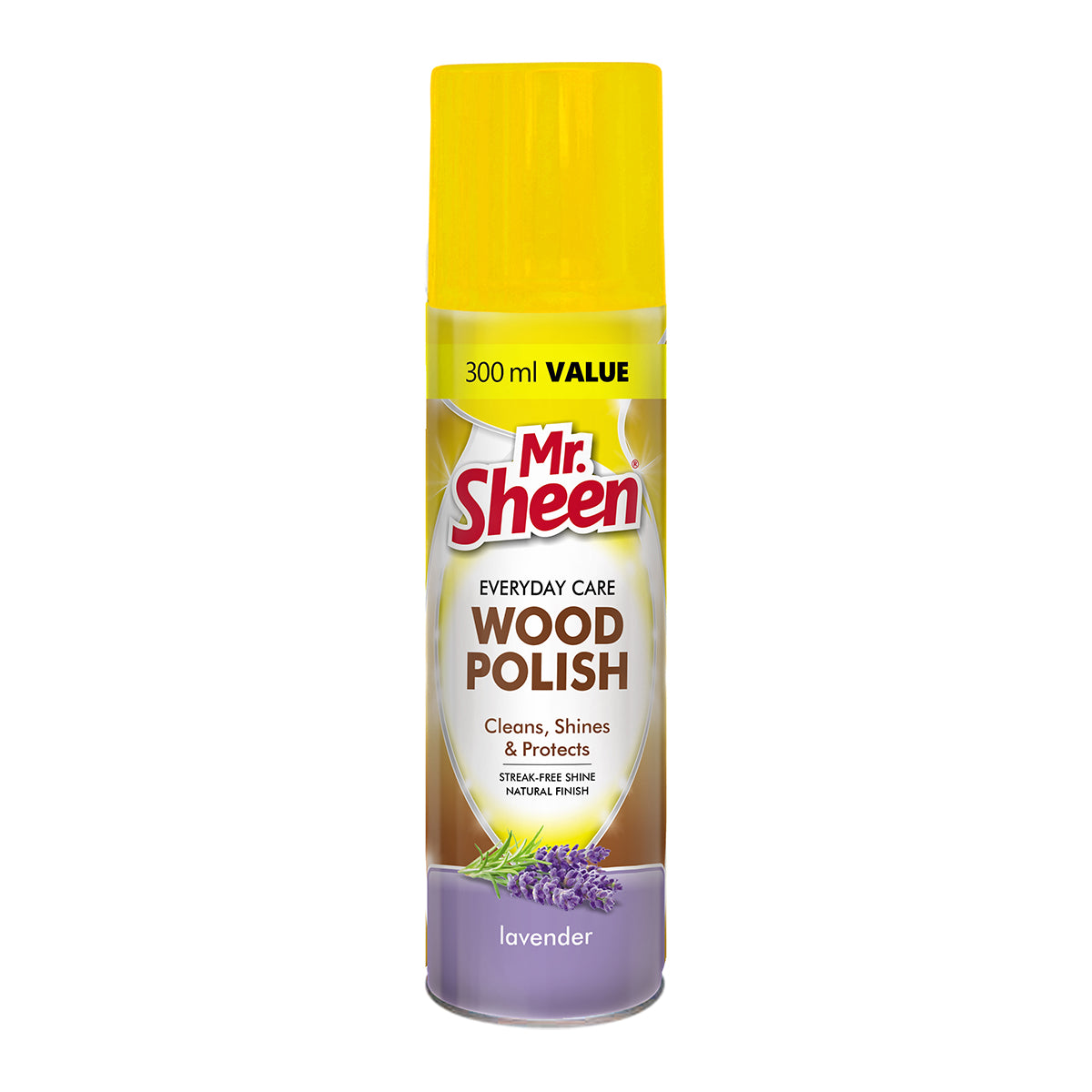 A can of Mr Sheen Wood Polish in Lavender color, 300ml size, with a yellow cap and label that includes the product name and the fact that it's everyday care for wood polish.