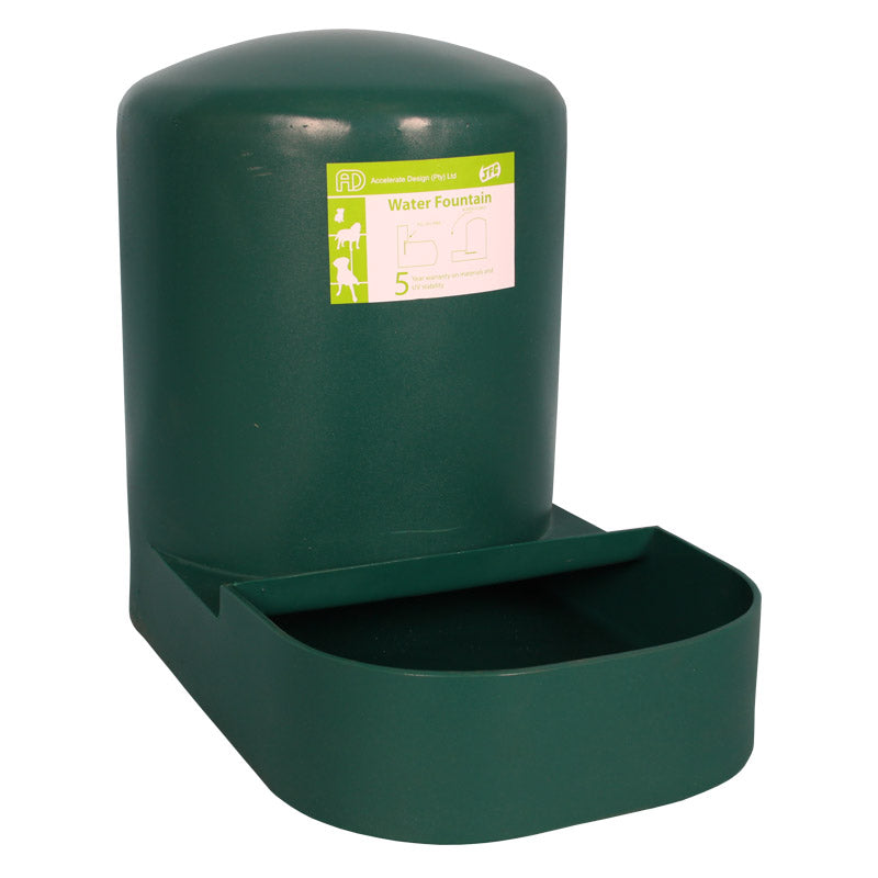 A green 23L Pet Water Fountain with a label on top.