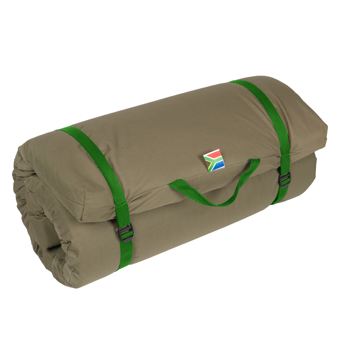 A rolled-up memory foam kids' mattress,  beige color with a green strap