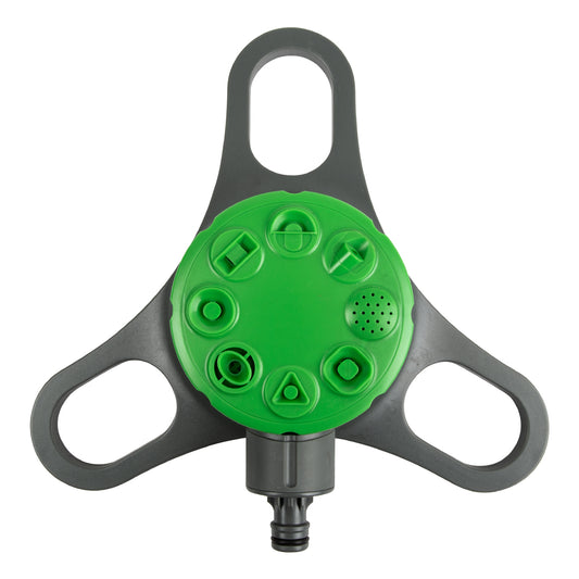 Stationary sprinkler with a gray body and green head with multiple adjustment settings.