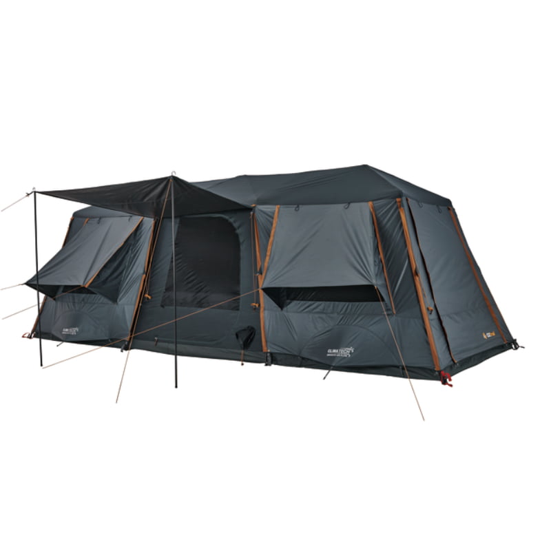 A spacious four-room OZtrail Fast Frame Lumos BlockOut 12P Tent with large gusseted windows and a gray exterior.