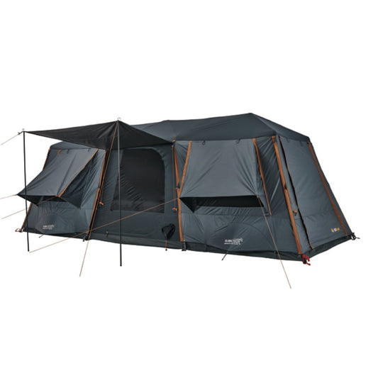 A spacious four-room OZtrail Fast Frame Lumos BlockOut 12P Tent with large gusseted windows and a gray exterior.