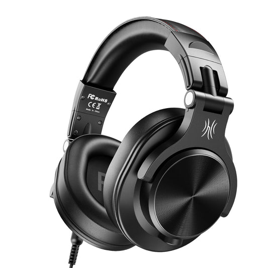 Black over-ear headphones with brand logo on a white background
